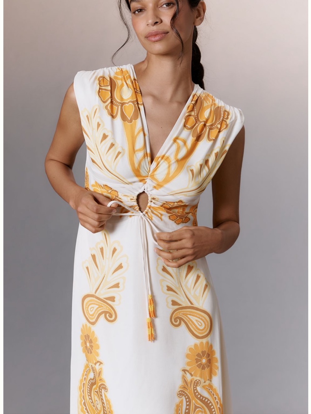 FARM Rio White and Yellow Paisley Tie-Front Maxi Dress NWT
